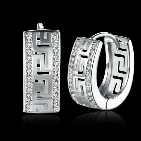 18K White Gold Plated Greek Huggie Hoop Earrings - Picture 5 of 5